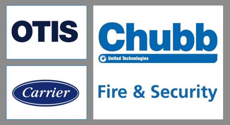 Three logos - Otis (elevators), Chubb (fire & security), Carrier (climate control systems)