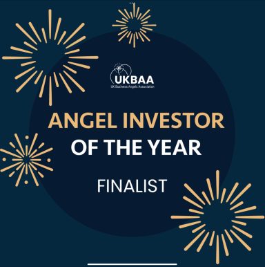 A graphic reading “UKBAA Angel Investor of the year. Finalist” decorated with fireworks