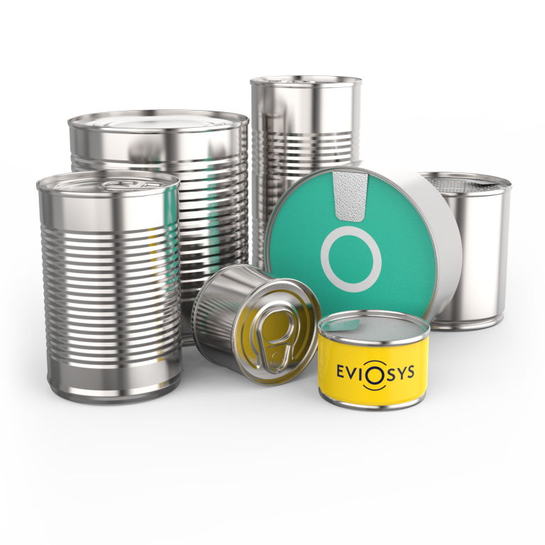 A collection of polished tins, with one with a yellow label showing the logo Eviosys